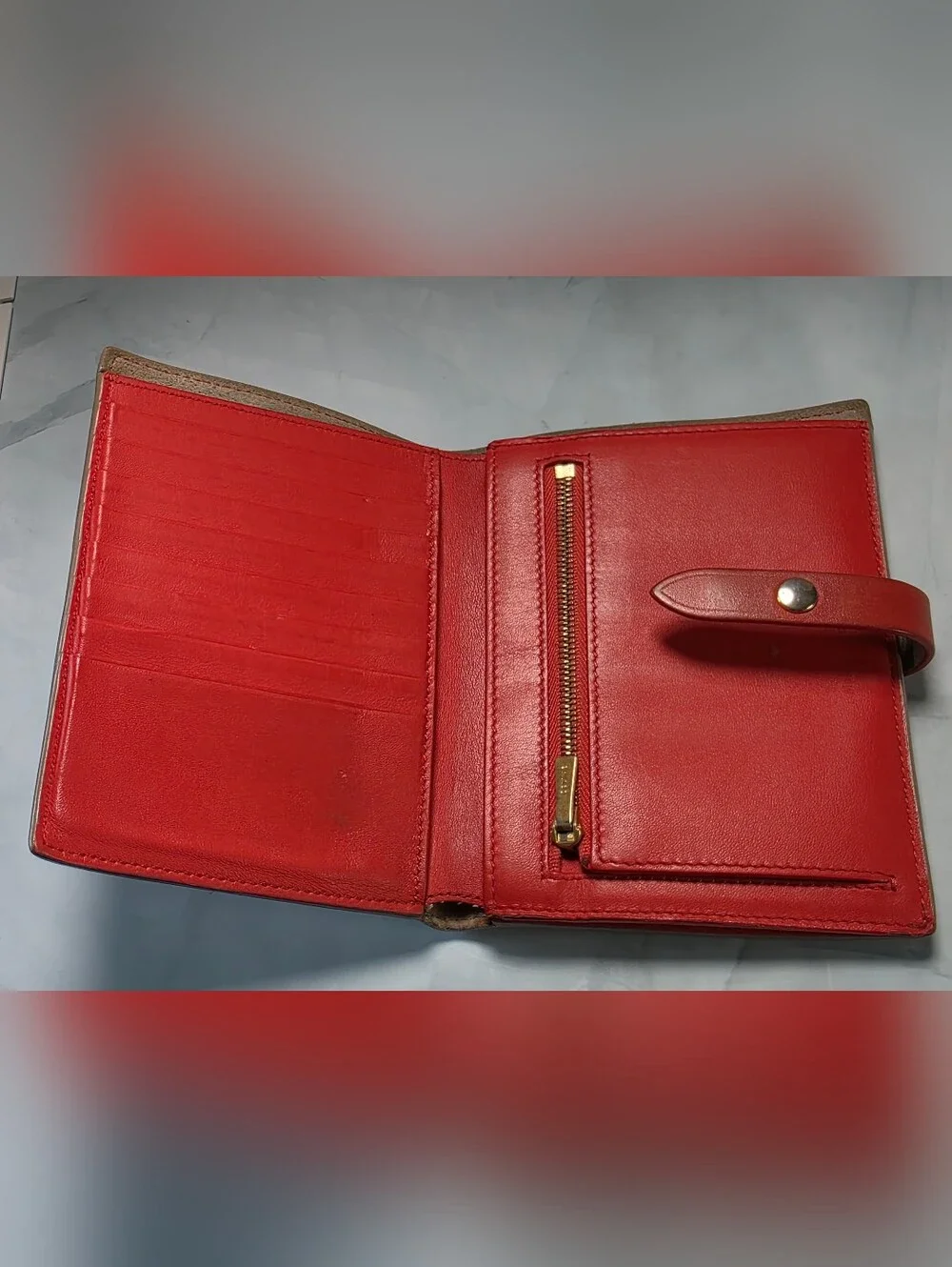 Celine Medium Strap Wallet Taupe Red Grained Leather